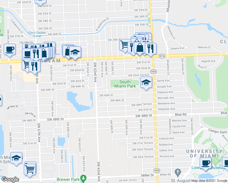 map of restaurants, bars, coffee shops, grocery stores, and more near 5970 Southwest 44th Terrace in Miami