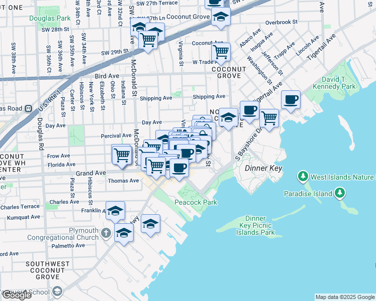 map of restaurants, bars, coffee shops, grocery stores, and more near 3339 Virginia Street in Miami