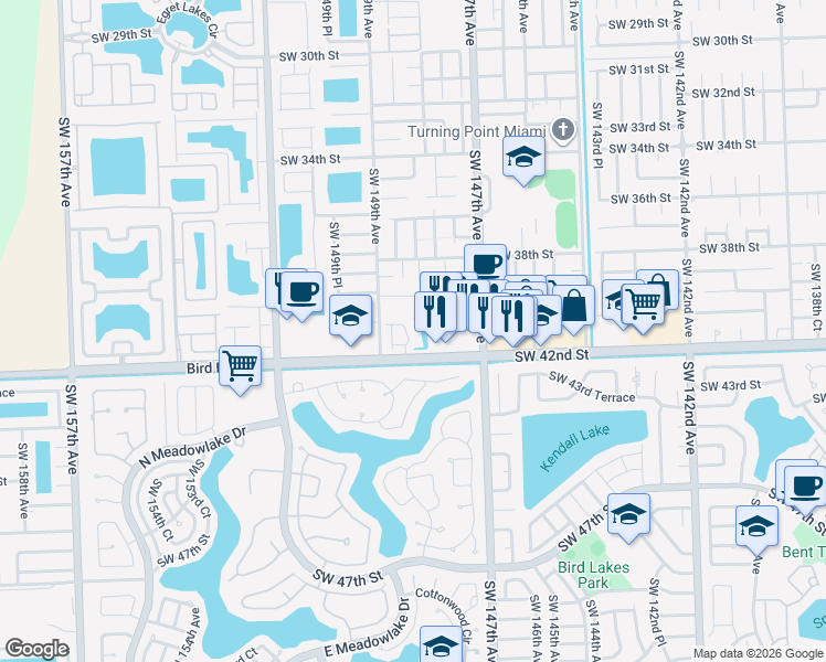 map of restaurants, bars, coffee shops, grocery stores, and more near 4061 Southwest 148th Place in Miami