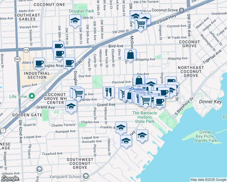 map of restaurants, bars, coffee shops, grocery stores, and more near 3318 Elizabeth Street in Miami