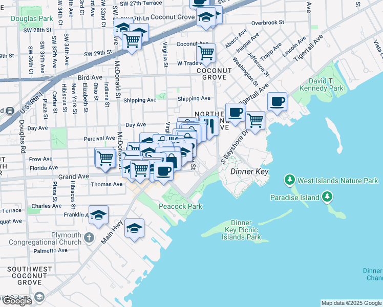 map of restaurants, bars, coffee shops, grocery stores, and more near 3326 Mary Street in Miami