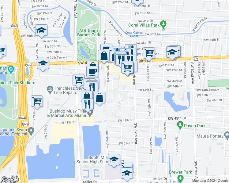 map of restaurants, bars, coffee shops, grocery stores, and more near 6920 Southwest 44th Street in Miami