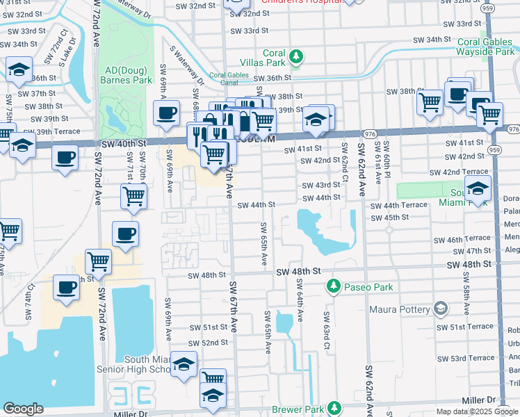 map of restaurants, bars, coffee shops, grocery stores, and more near 6500 Southwest 44th Street in Miami