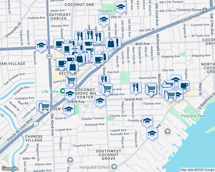map of restaurants, bars, coffee shops, grocery stores, and more near 3670 Oak Avenue in Miami