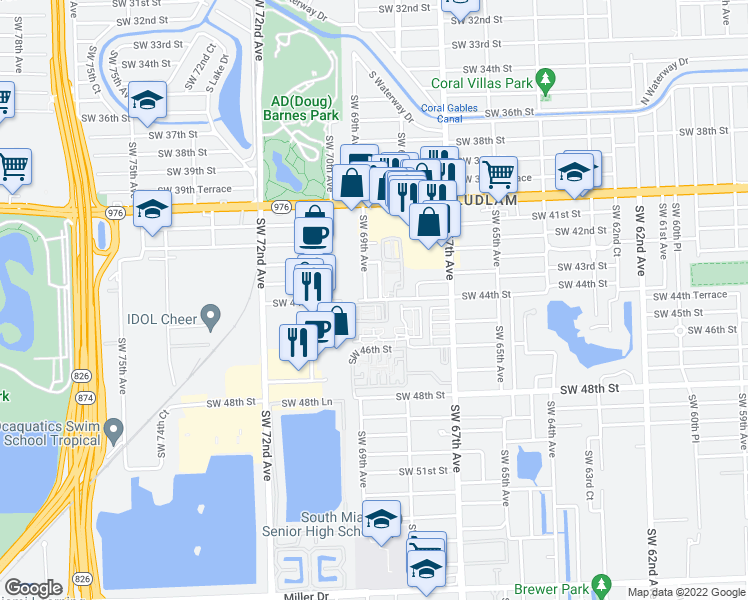 map of restaurants, bars, coffee shops, grocery stores, and more near 6861 Southwest 44th Street in Miami