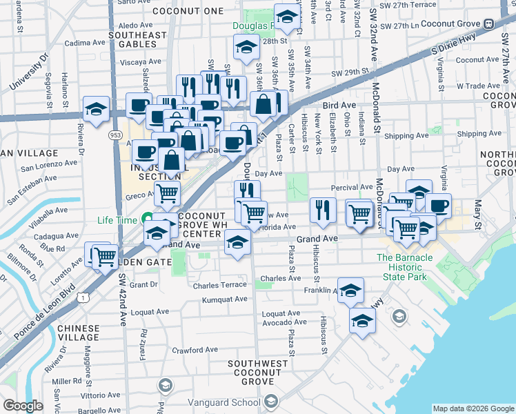 map of restaurants, bars, coffee shops, grocery stores, and more near 3670 Oak Avenue in Miami