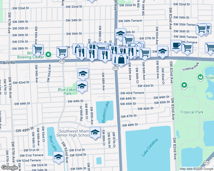 map of restaurants, bars, coffee shops, grocery stores, and more near 8750 Southwest 42nd Terrace in Miami