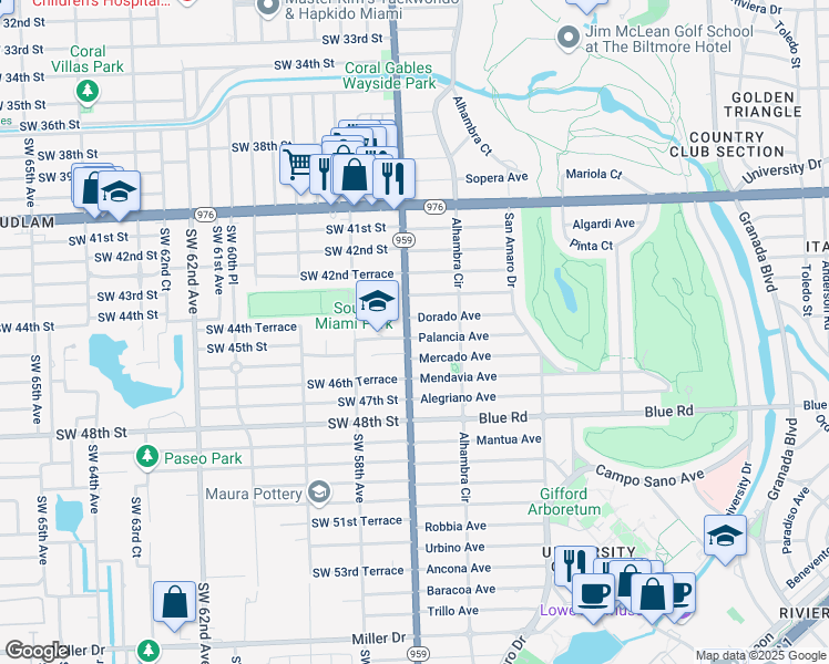 map of restaurants, bars, coffee shops, grocery stores, and more near 1541 Palancia Avenue in Coral Gables