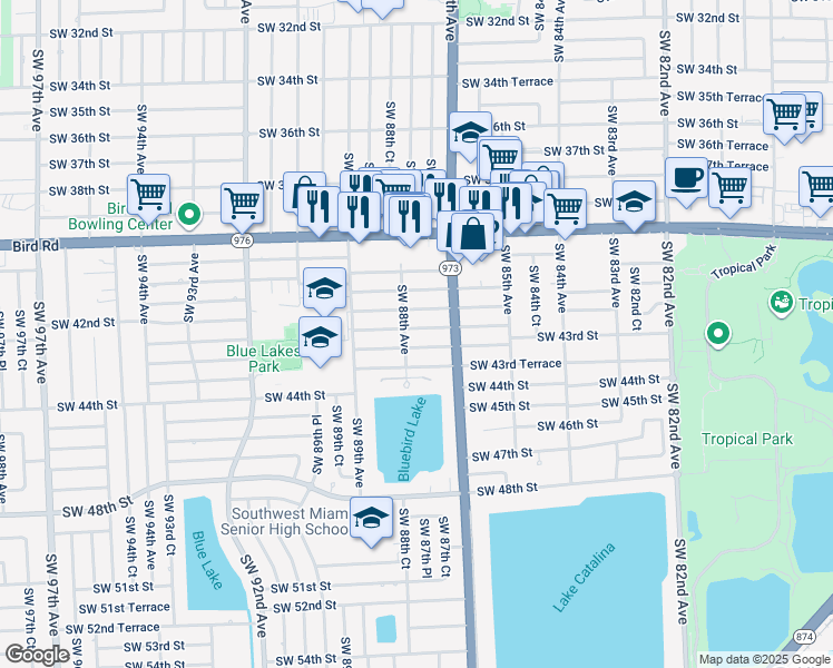 map of restaurants, bars, coffee shops, grocery stores, and more near 8750 Southwest 42nd Terrace in Miami