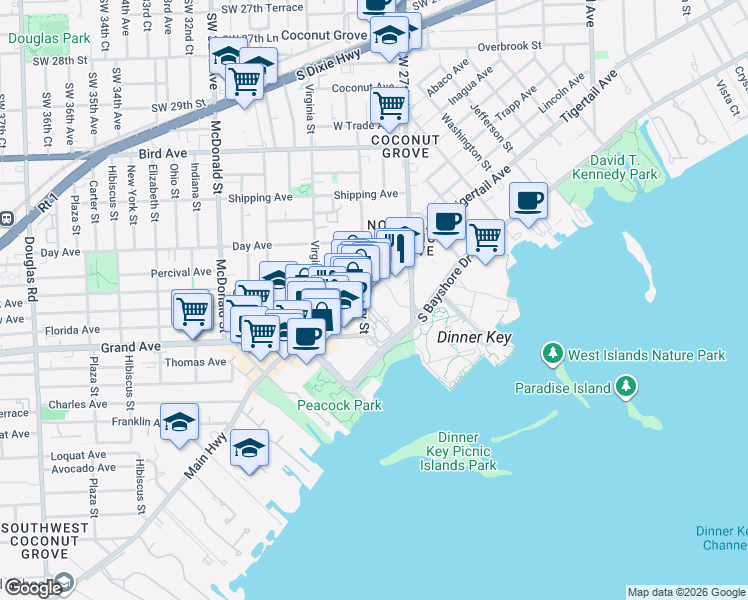 map of restaurants, bars, coffee shops, grocery stores, and more near in Miami