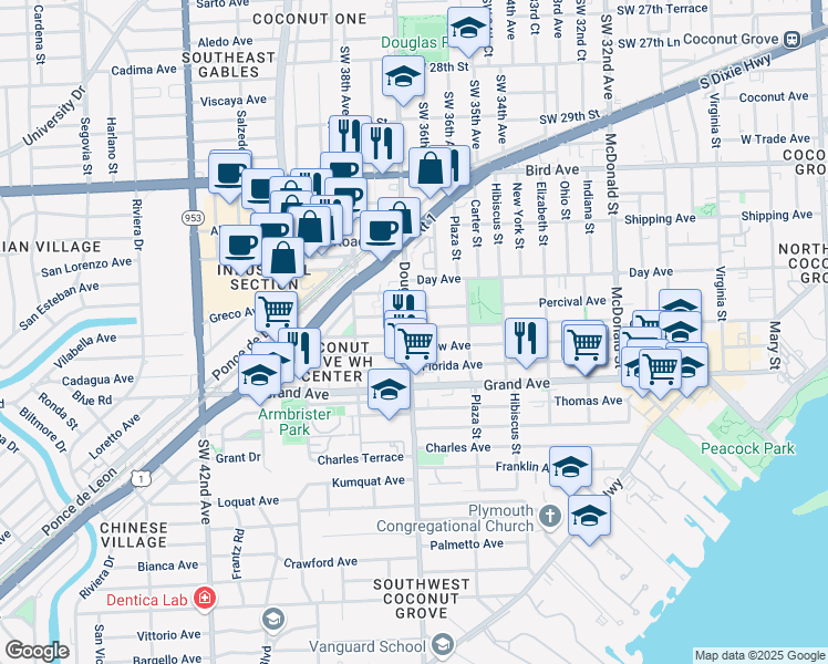 map of restaurants, bars, coffee shops, grocery stores, and more near 3670 Oak Avenue in Miami