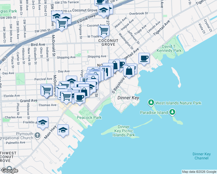 map of restaurants, bars, coffee shops, grocery stores, and more near 3400 Southwest 27th Avenue in Miami