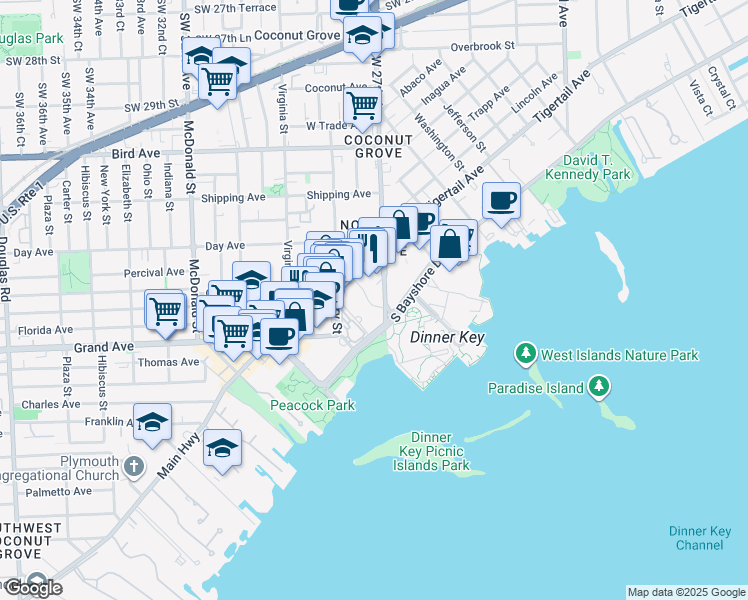 map of restaurants, bars, coffee shops, grocery stores, and more near 3400 Southwest 27th Avenue in Miami