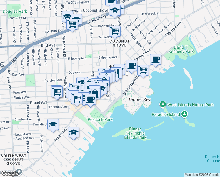 map of restaurants, bars, coffee shops, grocery stores, and more near in Miami