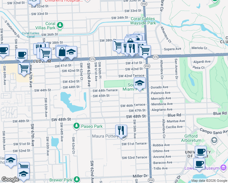 map of restaurants, bars, coffee shops, grocery stores, and more near 5900 Southwest 44th Terrace in Miami