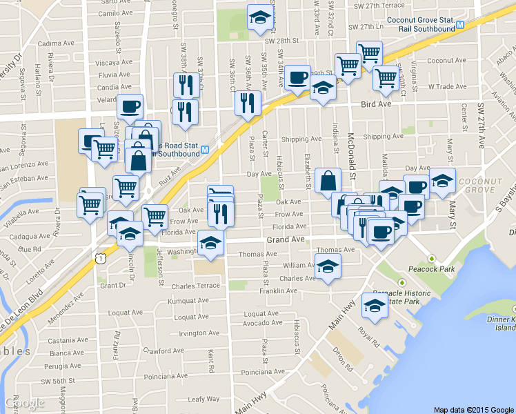 map of restaurants, bars, coffee shops, grocery stores, and more near 3300 Plaza Street in Miami