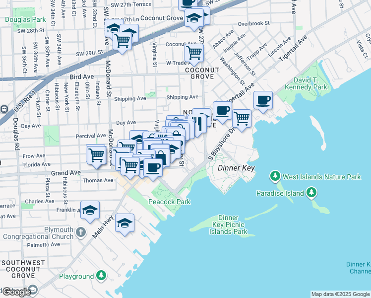 map of restaurants, bars, coffee shops, grocery stores, and more near 2821 South Bayshore Drive in Miami