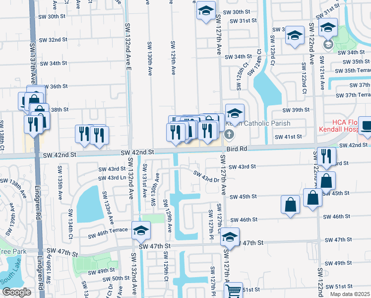map of restaurants, bars, coffee shops, grocery stores, and more near 12863 Southwest 42nd Street in Miami