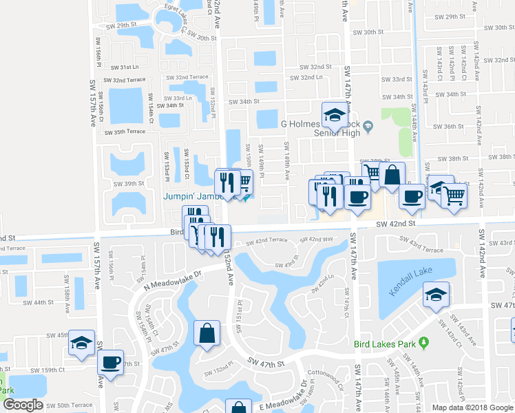 map of restaurants, bars, coffee shops, grocery stores, and more near 4152 Southwest 149th Place in Miami
