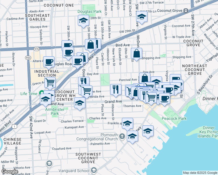 map of restaurants, bars, coffee shops, grocery stores, and more near 3300 Hibiscus Street in Miami