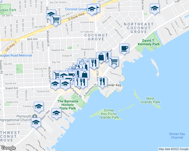 map of restaurants, bars, coffee shops, grocery stores, and more near 3400 Southwest 27th Avenue in Miami