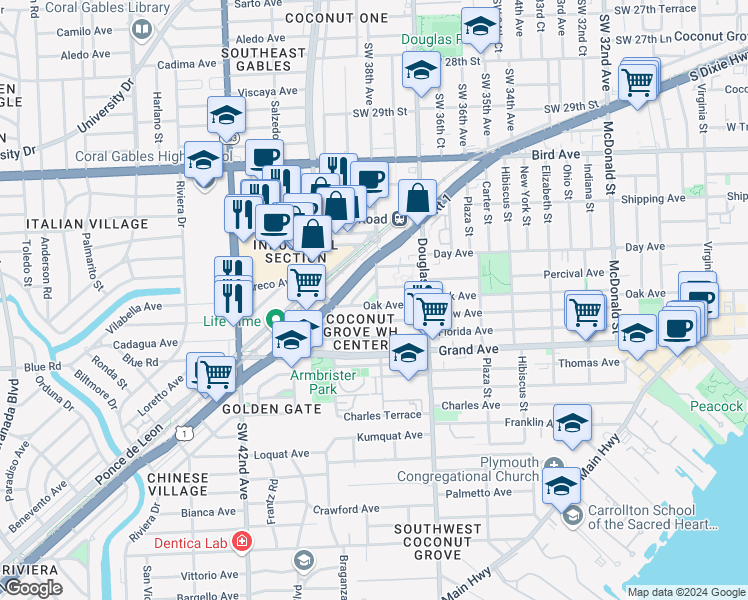 map of restaurants, bars, coffee shops, grocery stores, and more near 101 Oak Avenue in Coral Gables