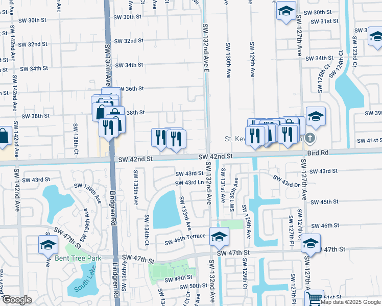 map of restaurants, bars, coffee shops, grocery stores, and more near 13291 Southwest 42nd Street in Miami
