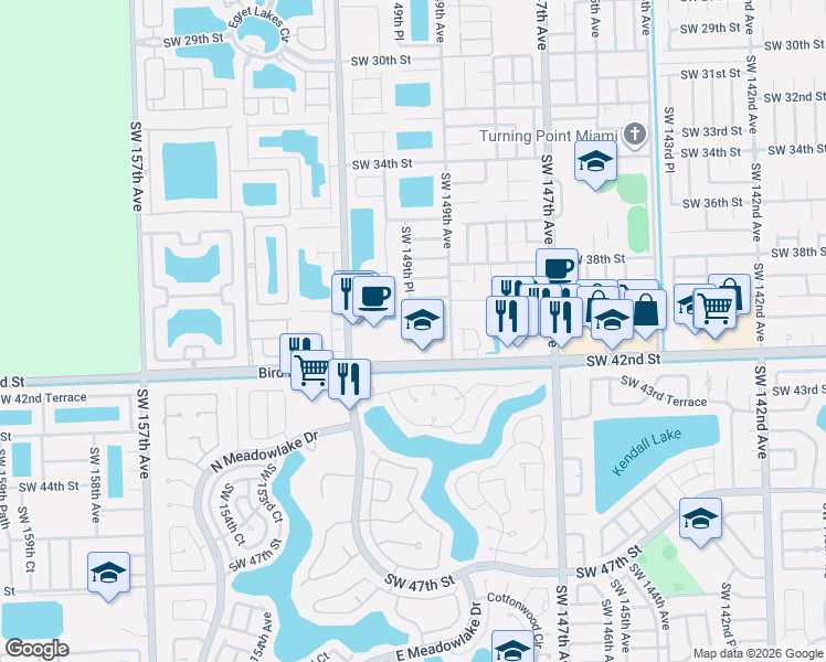 map of restaurants, bars, coffee shops, grocery stores, and more near 4152 Southwest 149th Place in Miami