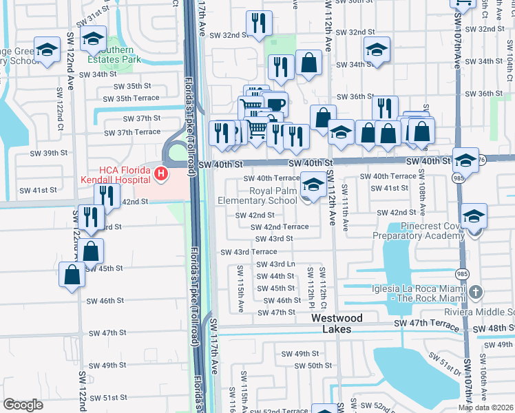 map of restaurants, bars, coffee shops, grocery stores, and more near 11445 Southwest 42nd Street in Miami