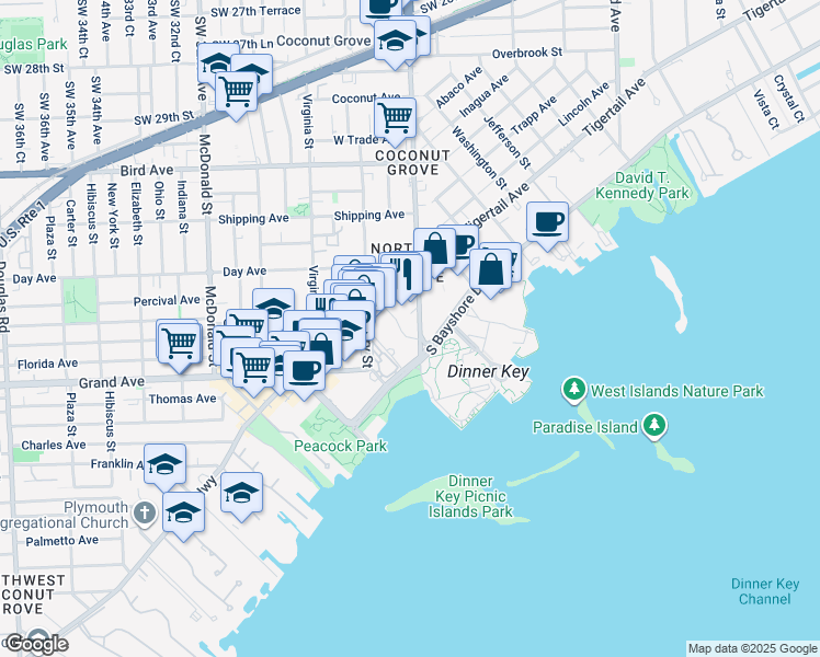 map of restaurants, bars, coffee shops, grocery stores, and more near 3400 Southwest 27th Avenue in Miami
