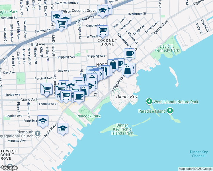map of restaurants, bars, coffee shops, grocery stores, and more near 3400 Southwest 27th Avenue in Miami