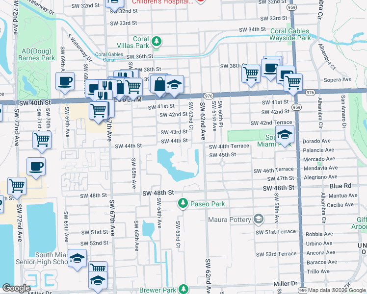 map of restaurants, bars, coffee shops, grocery stores, and more near 4447 Southwest 63rd Avenue in Miami