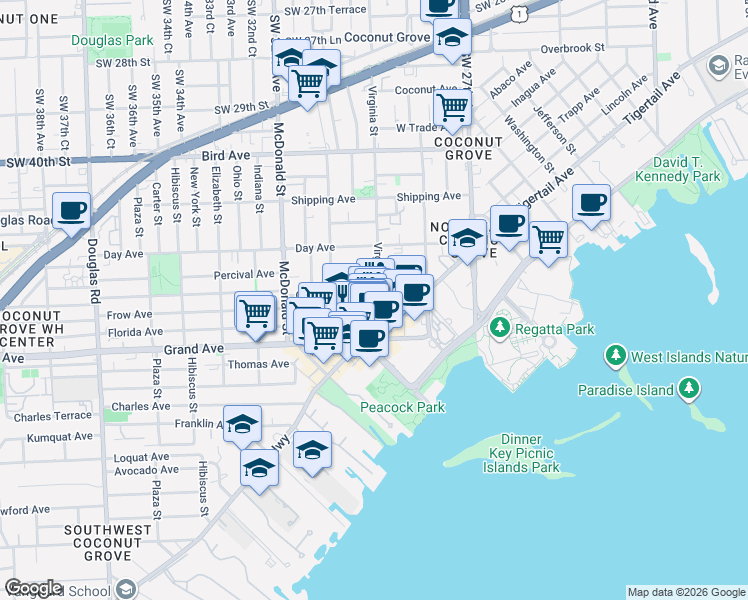 map of restaurants, bars, coffee shops, grocery stores, and more near 3304 Virginia Street in Miami