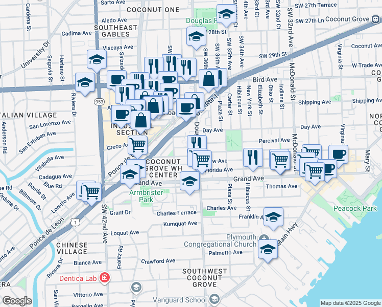 map of restaurants, bars, coffee shops, grocery stores, and more near 3735 Oak Avenue in Miami