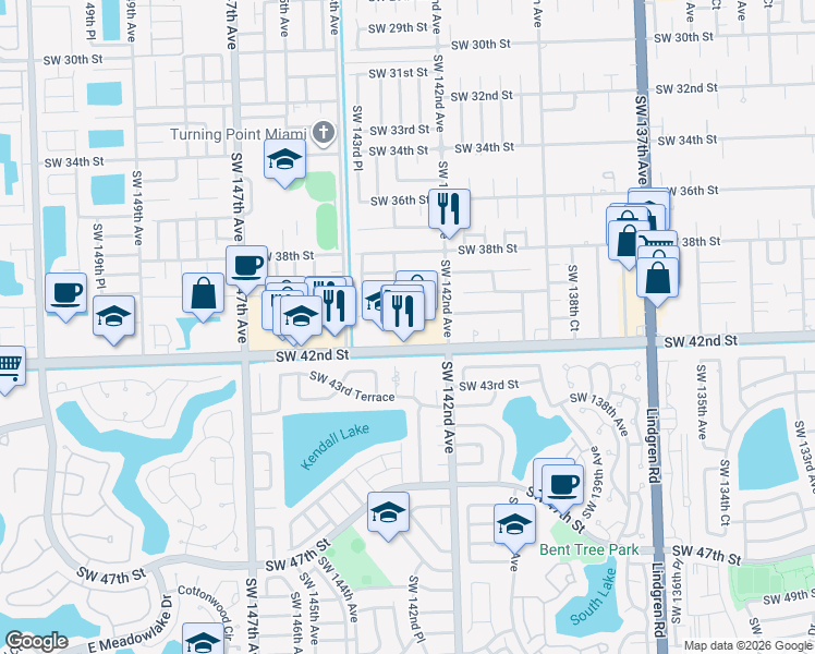map of restaurants, bars, coffee shops, grocery stores, and more near 14269 Southwest 42nd Street in Miami