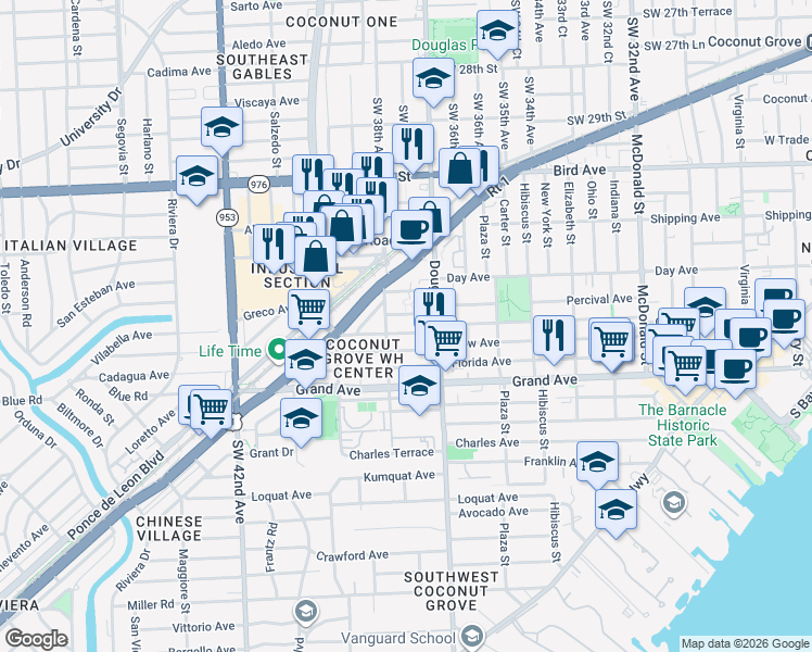 map of restaurants, bars, coffee shops, grocery stores, and more near 3735 Oak Avenue in Miami
