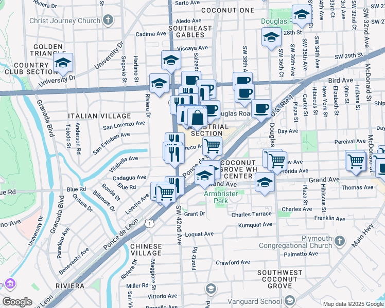 map of restaurants, bars, coffee shops, grocery stores, and more near 306 Granello Avenue in Coral Gables