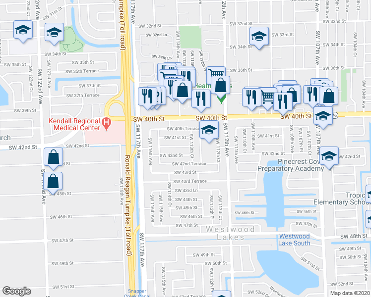 map of restaurants, bars, coffee shops, grocery stores, and more near 11331 Southwest 42nd Street in Miami