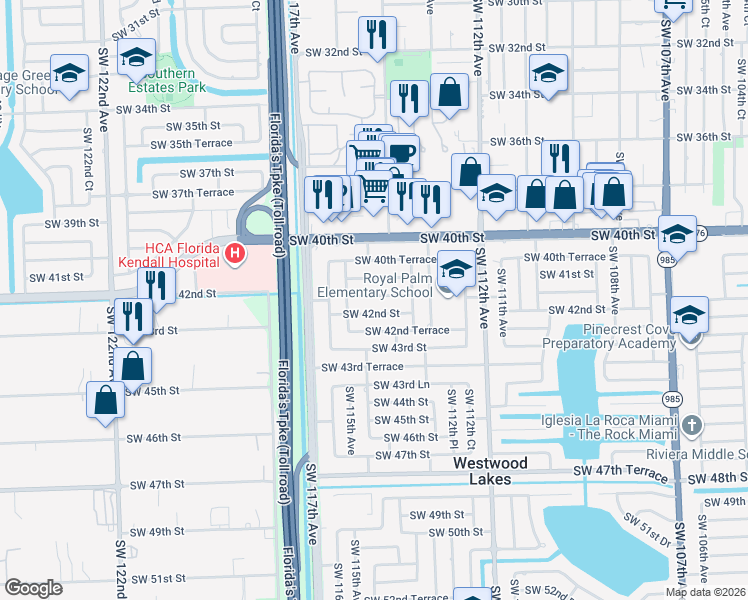 map of restaurants, bars, coffee shops, grocery stores, and more near 11445 Southwest 42nd Street in Miami