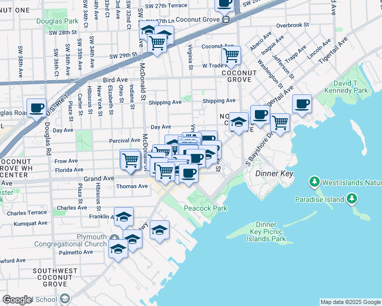 map of restaurants, bars, coffee shops, grocery stores, and more near 3034 Oak Avenue in Miami