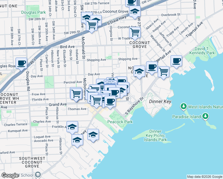 map of restaurants, bars, coffee shops, grocery stores, and more near 3034 Oak Avenue in Miami