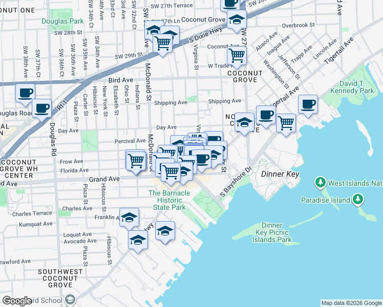 map of restaurants, bars, coffee shops, grocery stores, and more near 3034 Oak Avenue in Miami