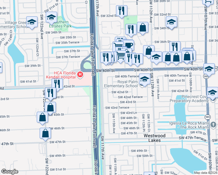 map of restaurants, bars, coffee shops, grocery stores, and more near 4145 Southwest 116th Avenue in Miami
