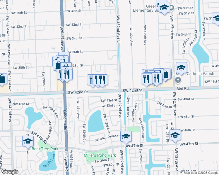 map of restaurants, bars, coffee shops, grocery stores, and more near 13291 Southwest 42nd Street in Miami