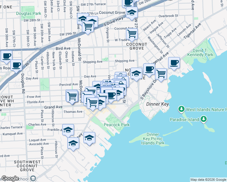 map of restaurants, bars, coffee shops, grocery stores, and more near 3339 Virginia Street in Miami