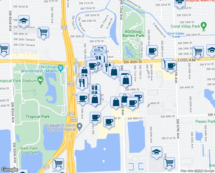 map of restaurants, bars, coffee shops, grocery stores, and more near 4405 Southwest 74th Avenue in Miami