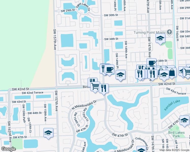 map of restaurants, bars, coffee shops, grocery stores, and more near 4030 Southwest 152nd Avenue in Miami