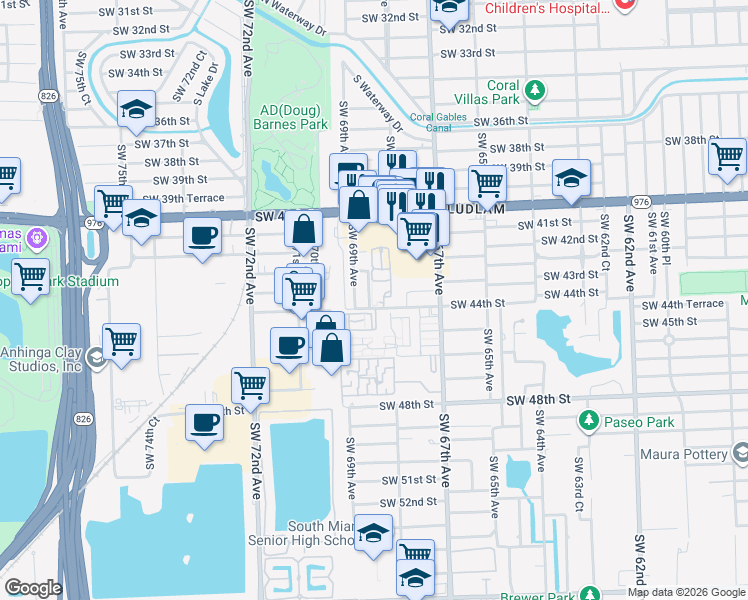 map of restaurants, bars, coffee shops, grocery stores, and more near 6920 Southwest 44th Street in Miami