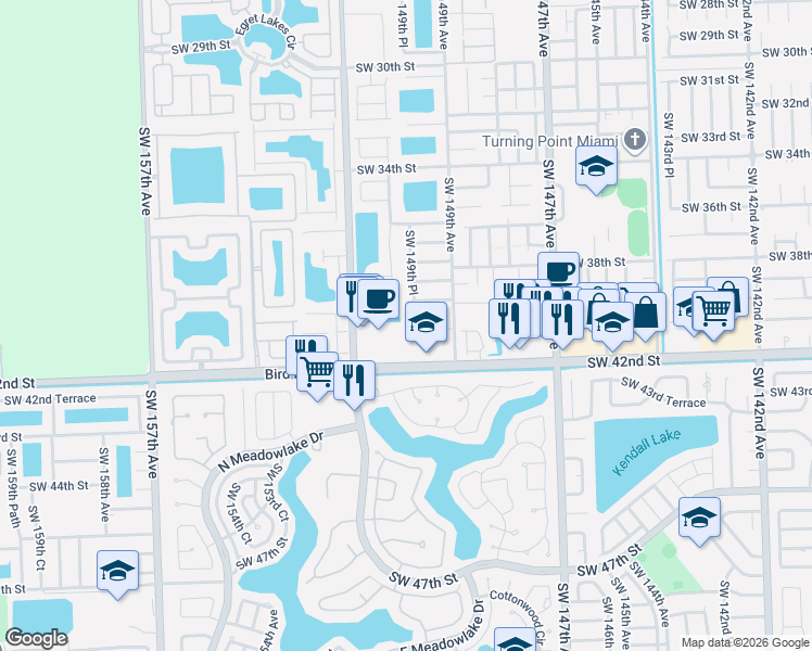 map of restaurants, bars, coffee shops, grocery stores, and more near 4152 Southwest 149th Place in Miami
