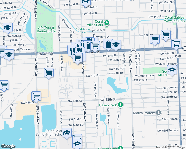 map of restaurants, bars, coffee shops, grocery stores, and more near 6500 Southwest 44th Street in Miami